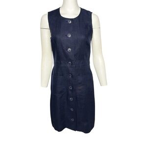 Tory Burch Linen Sheath Dress Size 4 Button Front Navy Blue Sleeveless Pockets